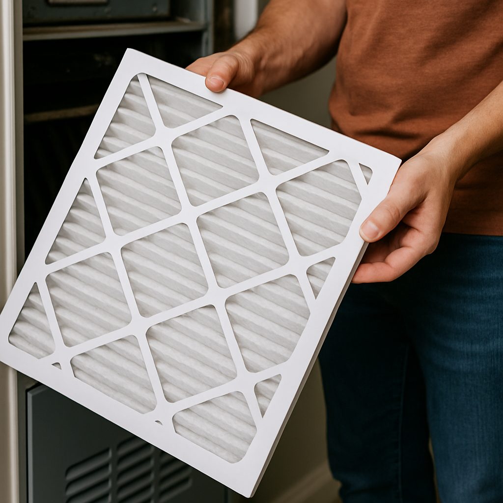 A homeowner holding a clean pleated HVAC air filter